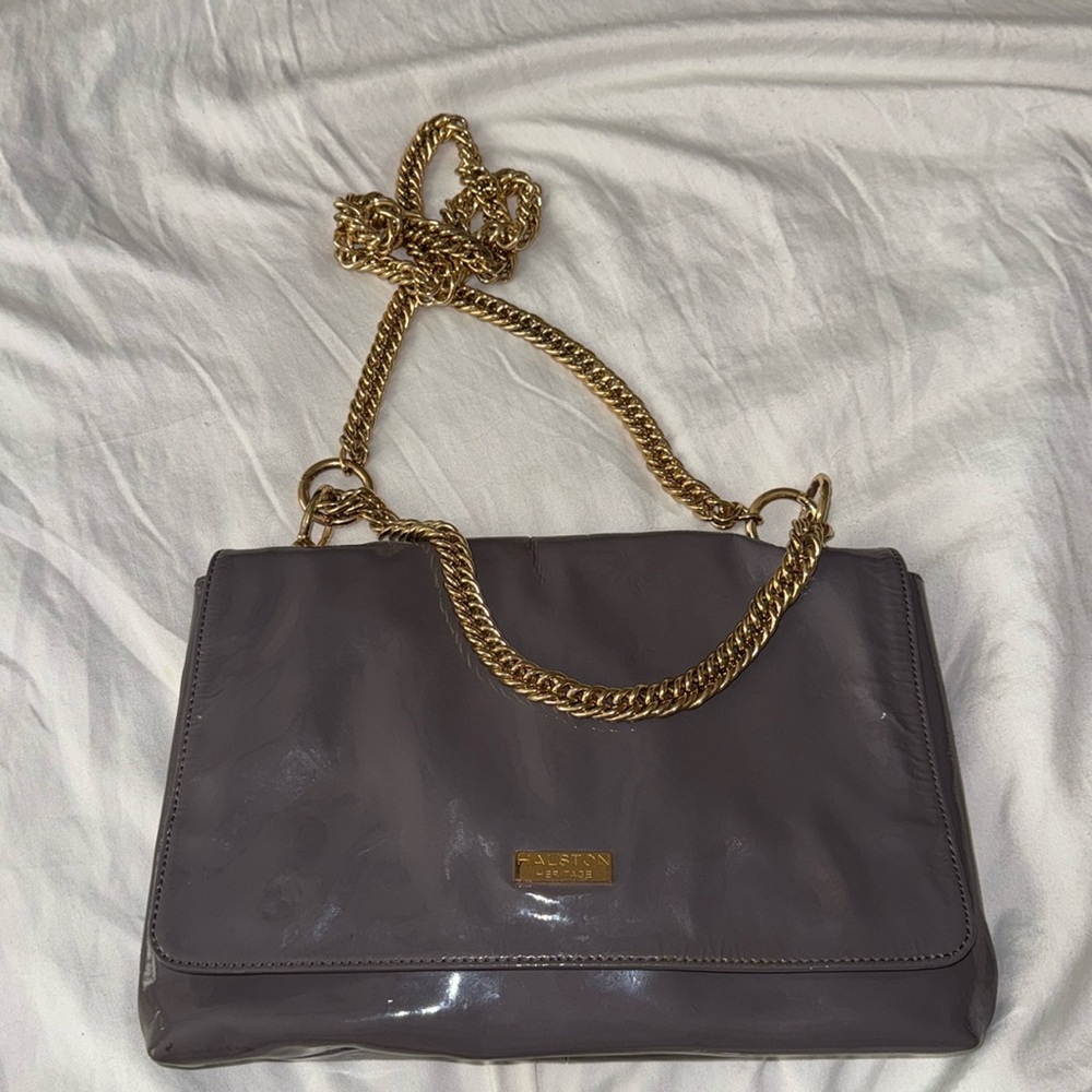 Halston Heritage grey patent leather handbag